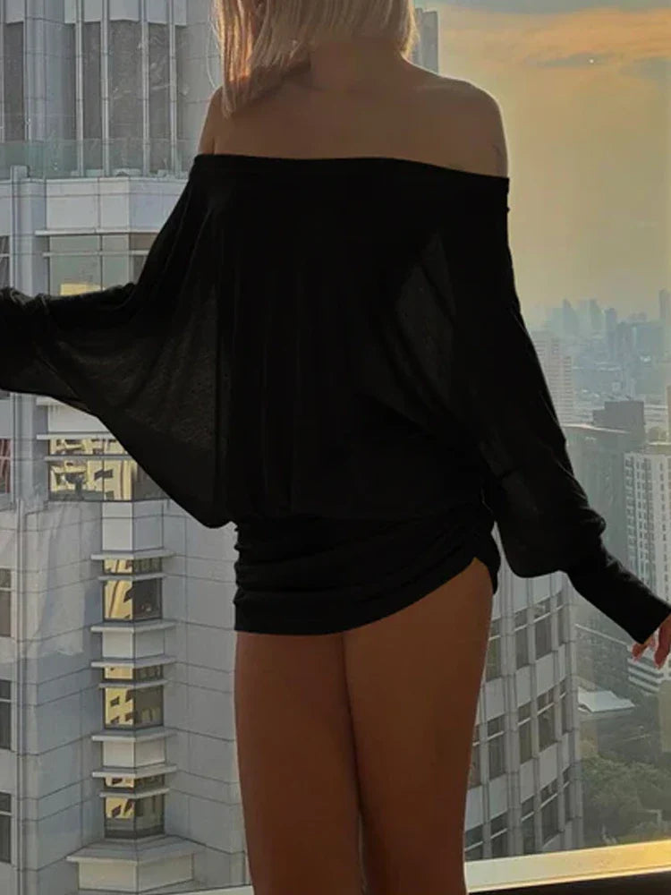 Women's Solid Off The Shoulder Sheer Ruched Dress