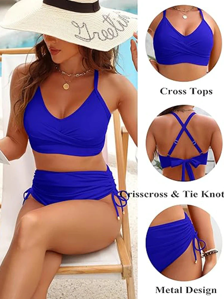 Womens High Waisted Bikini Sets Drawstring Tummy Control Swimsuits Crisscross Tie Back Bathing Suit