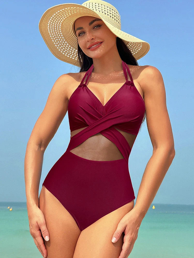Beach Bathing Suits Black Halter Mesh Insert Cross Front One-Piece Swimsuit