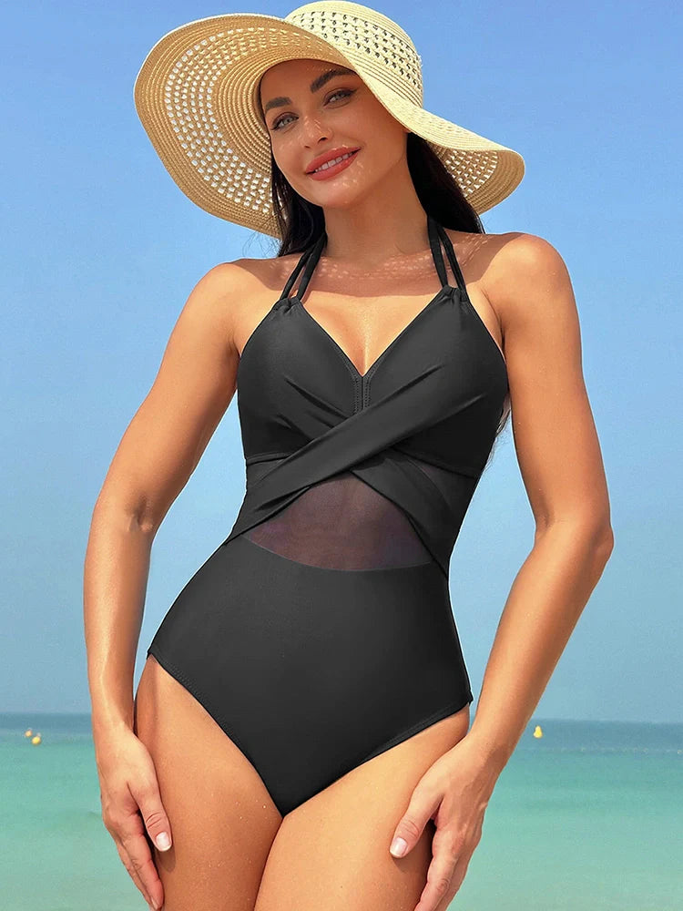 Beach Bathing Suits Black Halter Mesh Insert Cross Front One-Piece Swimsuit