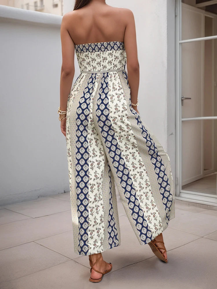 Sleeveless Back Tie Abstract Print Wide Leg Jumpsuit