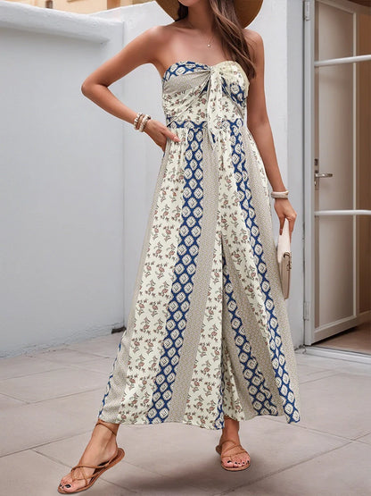 Sleeveless Back Tie Abstract Print Wide Leg Jumpsuit