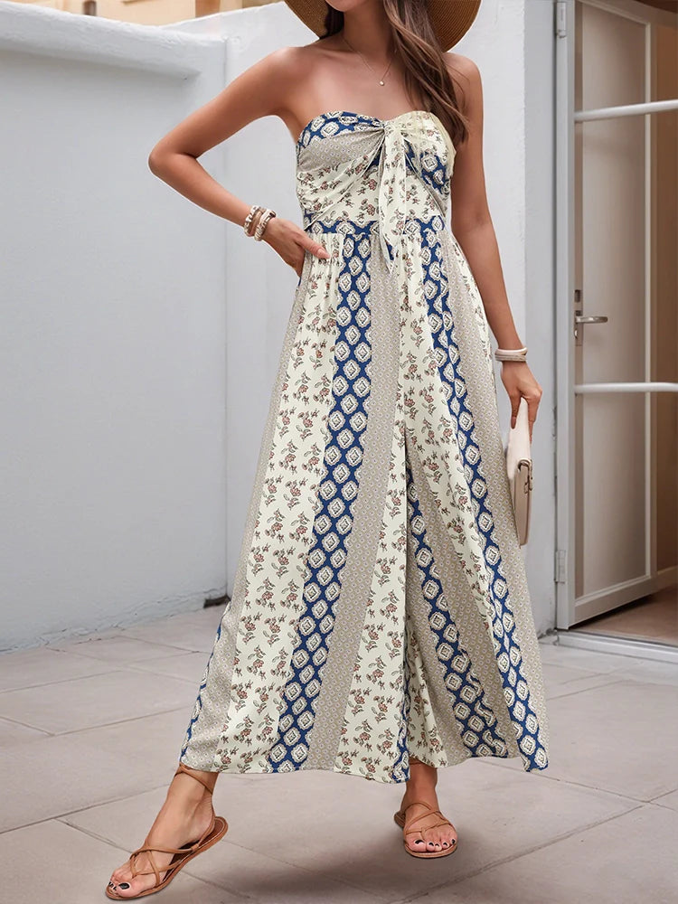 Sleeveless Back Tie Abstract Print Wide Leg Jumpsuit