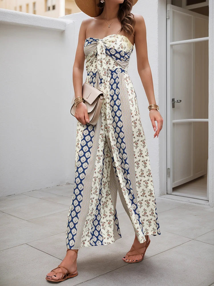 Sleeveless Back Tie Abstract Print Wide Leg Jumpsuit