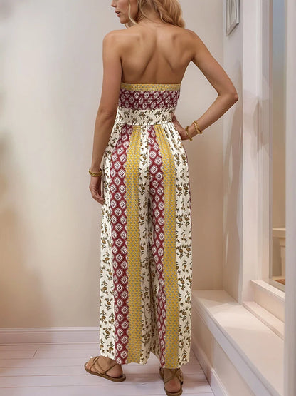 Sleeveless Back Tie Abstract Print Wide Leg Jumpsuit