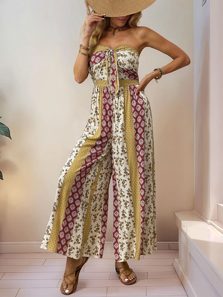 Sleeveless Back Tie Abstract Print Wide Leg Jumpsuit