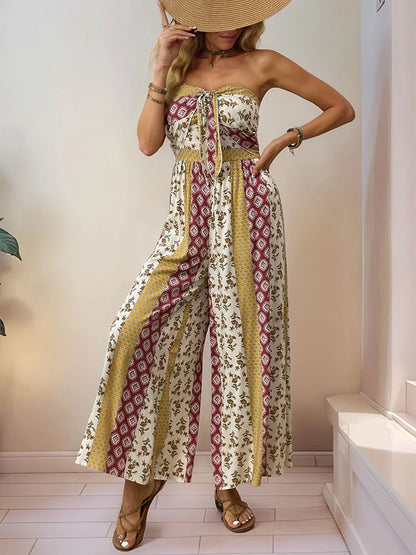 Sleeveless Back Tie Abstract Print Wide Leg Jumpsuit