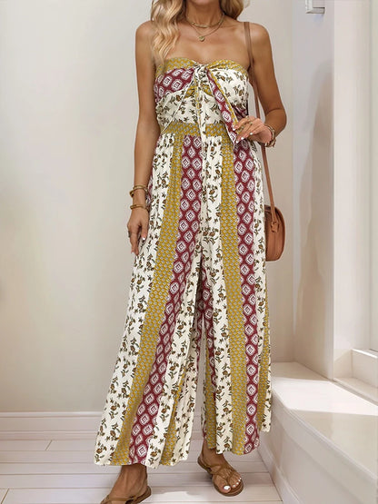 Sleeveless Back Tie Abstract Print Wide Leg Jumpsuit