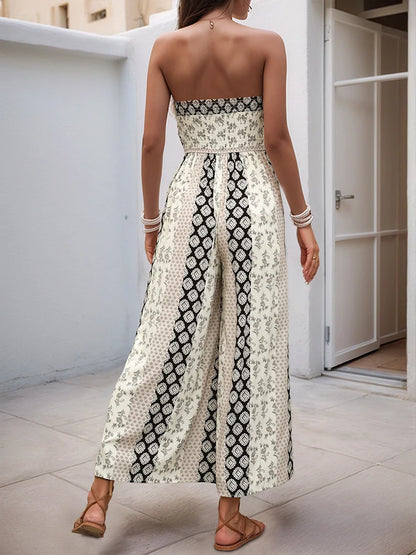 Sleeveless Back Tie Abstract Print Wide Leg Jumpsuit