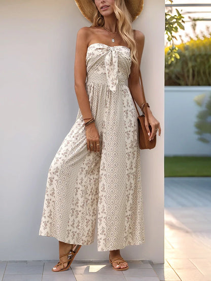 Sleeveless Back Tie Abstract Print Wide Leg Jumpsuit