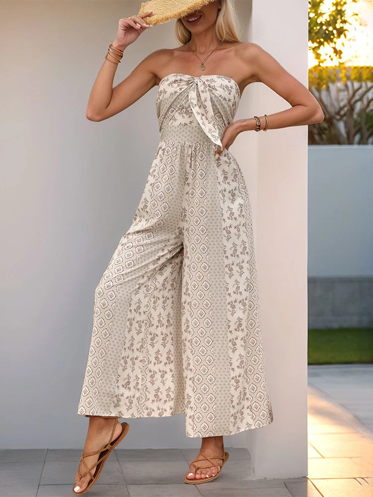 Sleeveless Back Tie Abstract Print Wide Leg Jumpsuit