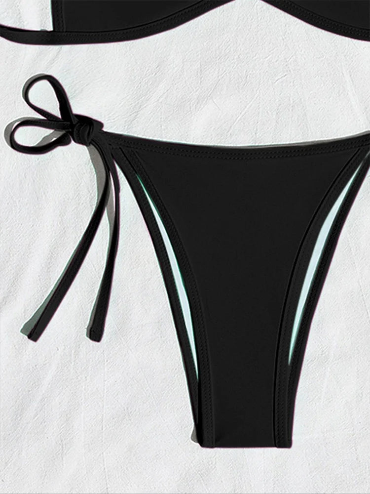 Women’s Halter Tie-Back Plain High-Cut Two-Piece Bikini for Summer Beach