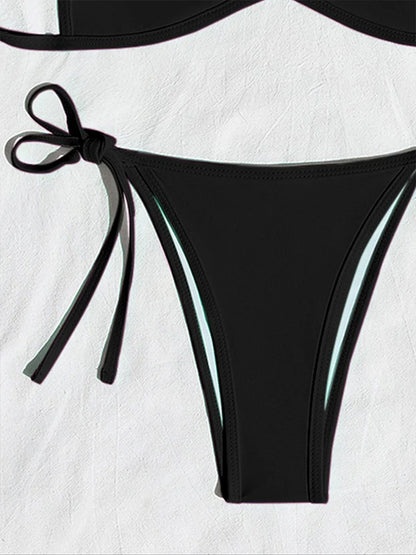 Women’s Halter Tie-Back Plain High-Cut Two-Piece Bikini for Summer Beach