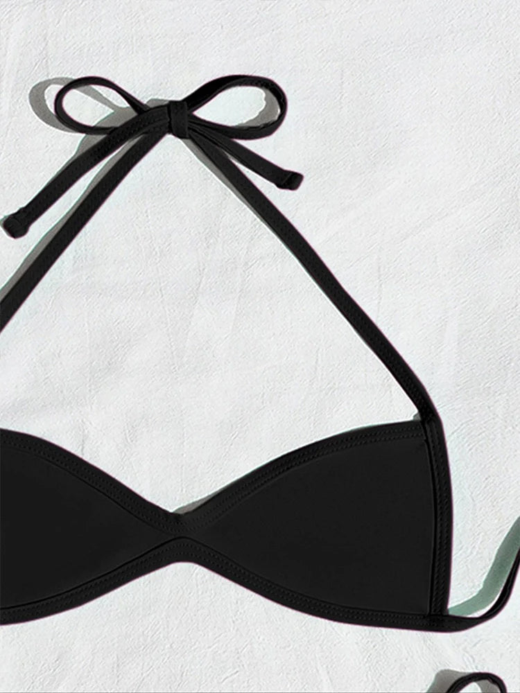 Women’s Halter Tie-Back Plain High-Cut Two-Piece Bikini for Summer Beach