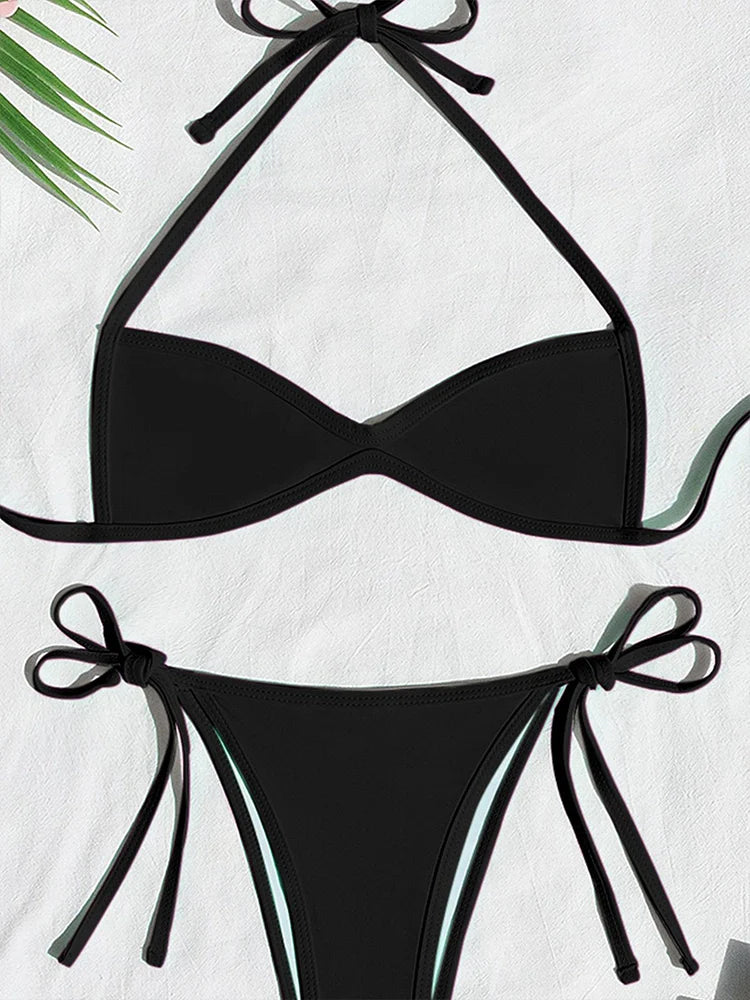 Women’s Halter Tie-Back Plain High-Cut Two-Piece Bikini for Summer Beach