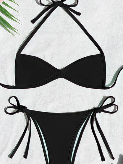 Women’s Halter Tie-Back Plain High-Cut Two-Piece Bikini for Summer Beach