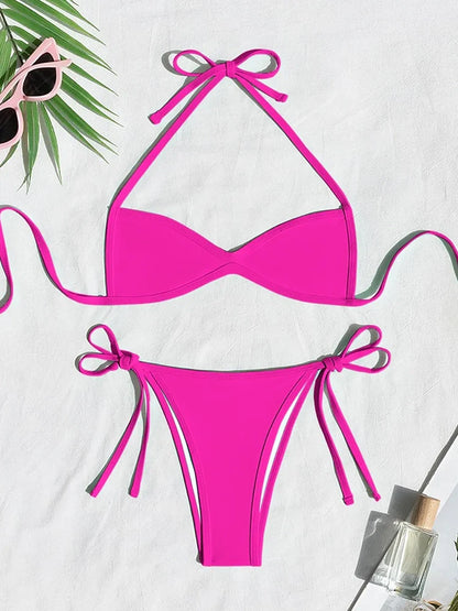Women’s Halter Tie-Back Plain High-Cut Two-Piece Bikini for Summer Beach