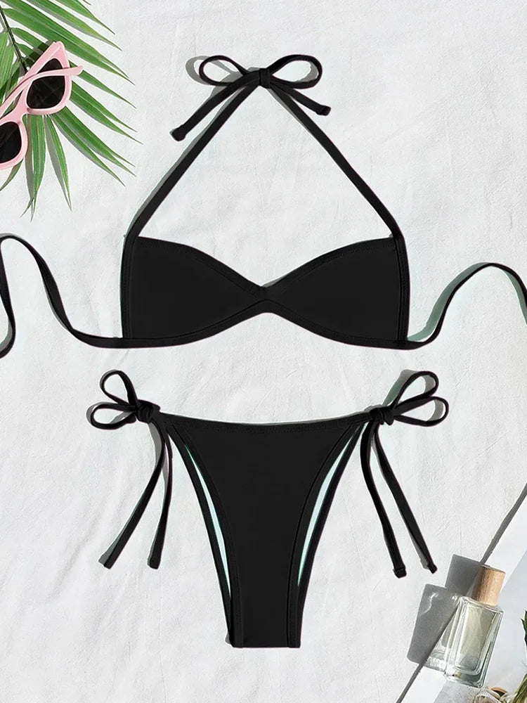 Women’s Halter Tie-Back Plain High-Cut Two-Piece Bikini for Summer Beach