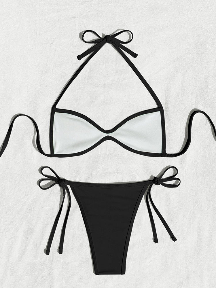 Women’s Halter Tie-Back Plain High-Cut Two-Piece Bikini for Summer Beach