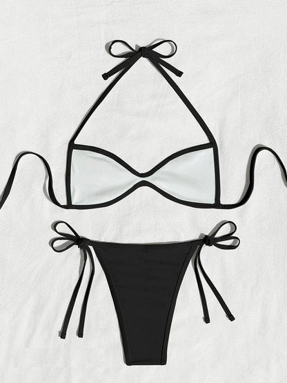 Women’s Halter Tie-Back Plain High-Cut Two-Piece Bikini for Summer Beach