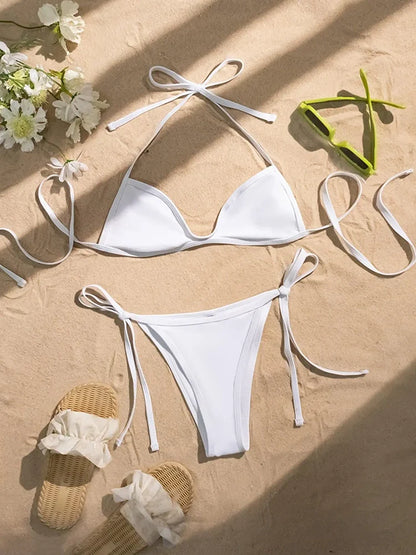 Women’s Halter Tie-Back Plain High-Cut Two-Piece Bikini for Summer Beach