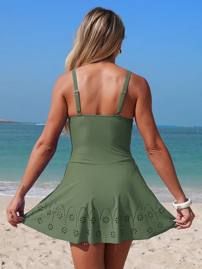 Women’s Twist Front Swimdress – Ruched Tummy Control One Piece with Skirt