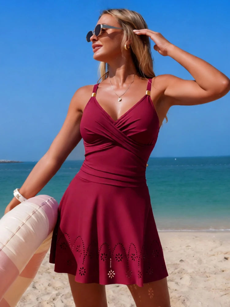 Women’s Twist Front Swimdress – Ruched Tummy Control One Piece with Skirt