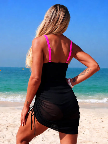 Women's gold floral Color-blocked mesh one-piece swimsuit