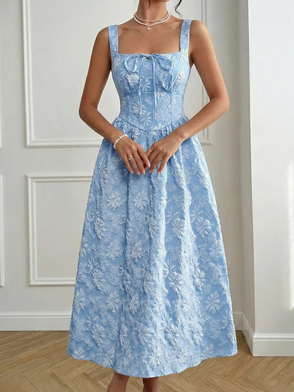 Women's Casual Sleeveless Square Neck Jacquard Flowy Maxi Dress
