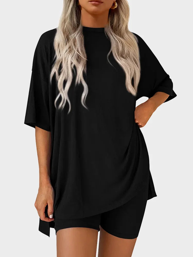 Women’s Casual Oversized 2-Piece Set – Crewneck Top & Split Hem Design