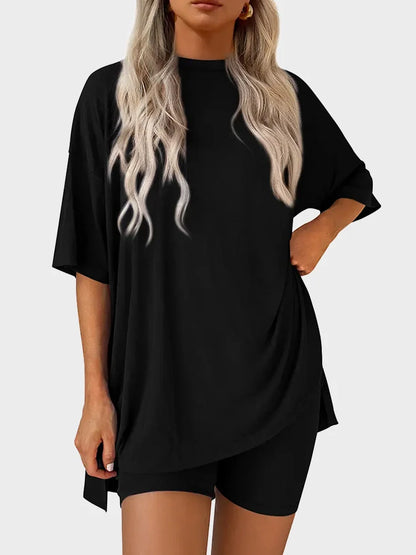 Women’s Casual Oversized 2-Piece Set – Crewneck Top & Split Hem Design