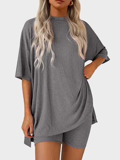 Women’s Casual Oversized 2-Piece Set – Crewneck Top & Split Hem Design
