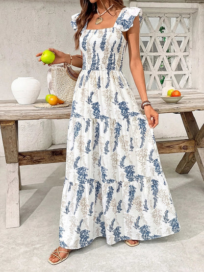 Women’s Boho Maxi Dress – Square Neck Sleeveless Smocked Sundress