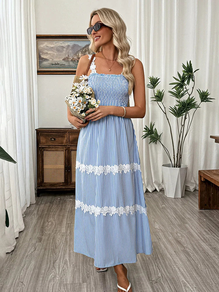 Womens Striped Dress  Sleeveless Spaghetti Strap Maxi Dress