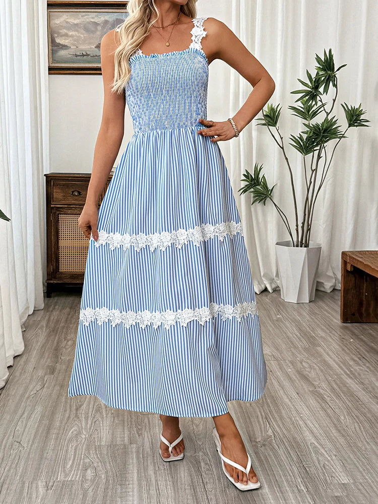Womens Striped Dress  Sleeveless Spaghetti Strap Maxi Dress