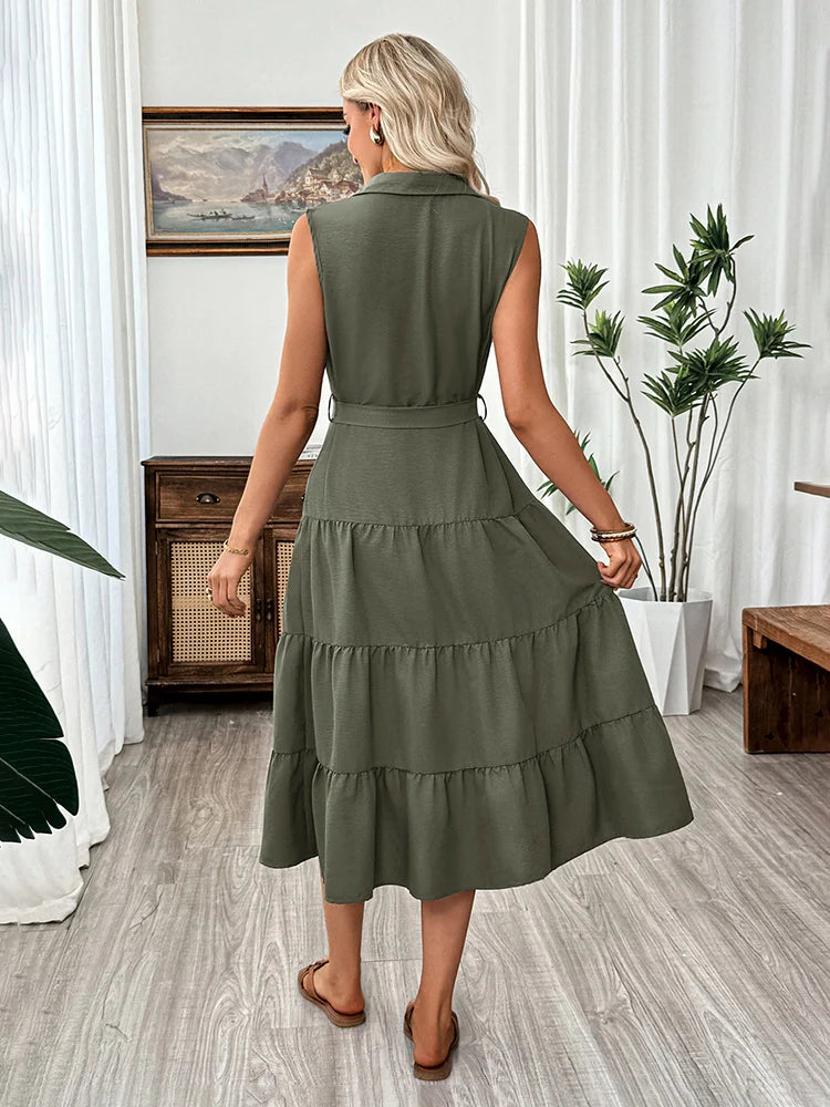 Women's Sleeveless Shirt Collar Belted Shirt Dress