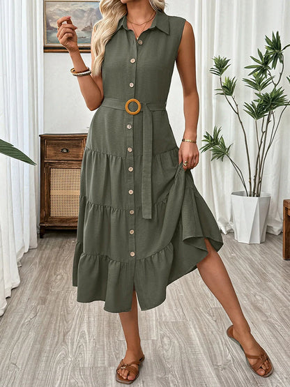 Women's Sleeveless Shirt Collar Belted Shirt Dress