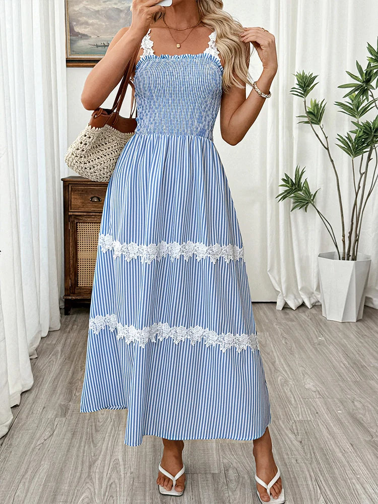 Womens Striped Dress  Sleeveless Spaghetti Strap Maxi Dress