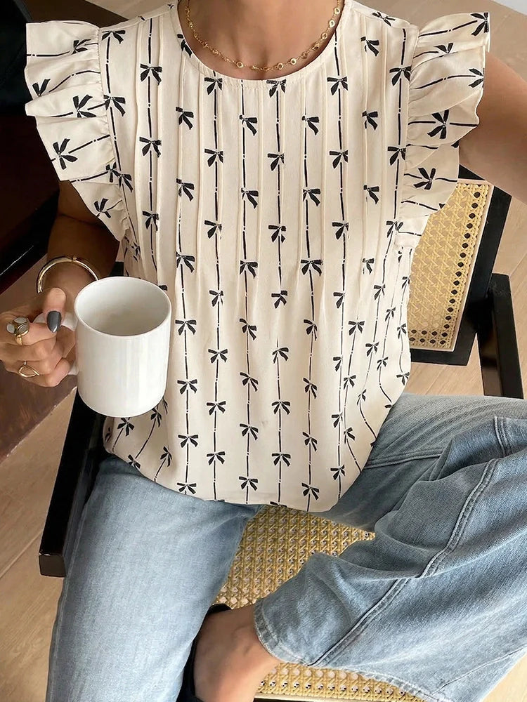 Women's  Summer Top Ruffle Butterfly Sleeve Textured Shirt