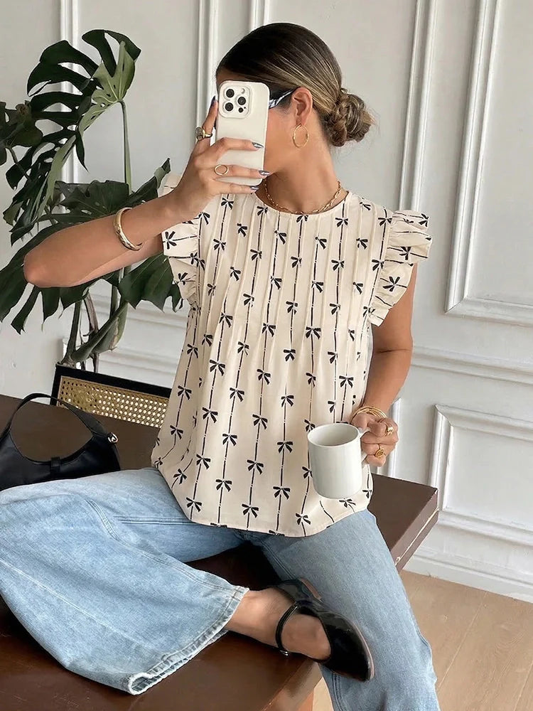 Women's  Summer Top Ruffle Butterfly Sleeve Textured Shirt