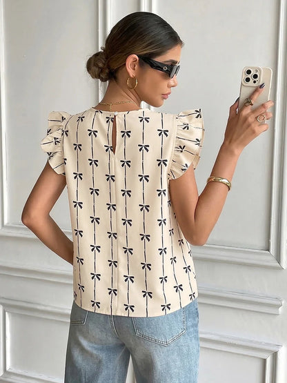 Women's  Summer Top Ruffle Butterfly Sleeve Textured Shirt