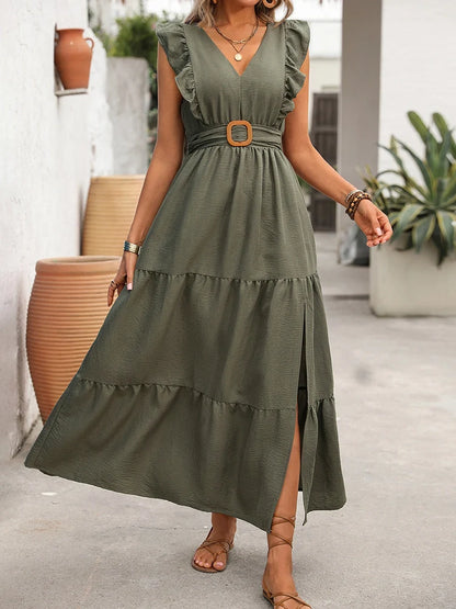 Womens Midi Dress Sleeve Ruffle Trim  Belted Dress V Neck High Waist
