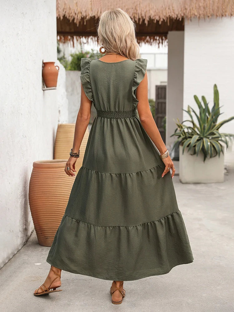 Womens Midi Dress Sleeve Ruffle Trim  Belted Dress V Neck High Waist