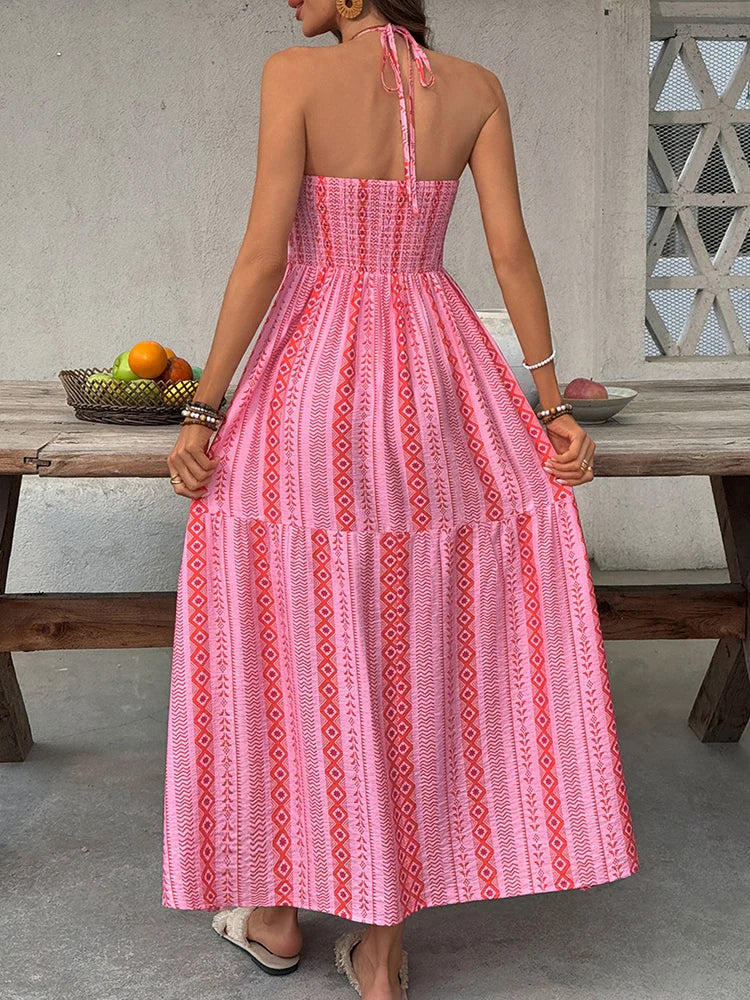 Geometric Halter Neck Backless Maxi Dress with Tiered Skirt