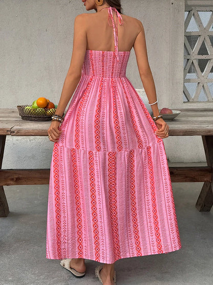 Geometric Halter Neck Backless Maxi Dress with Tiered Skirt
