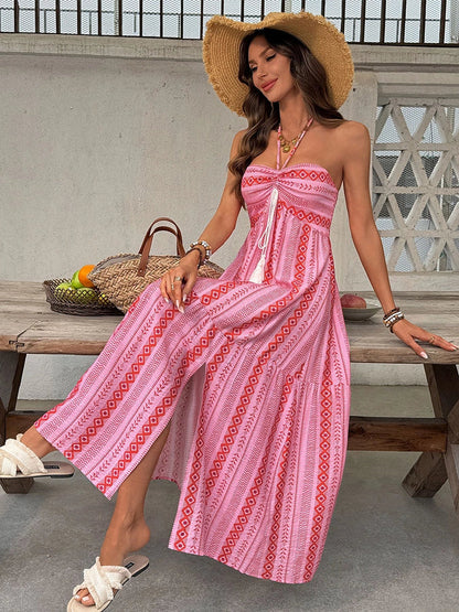 Geometric Halter Neck Backless Maxi Dress with Tiered Skirt