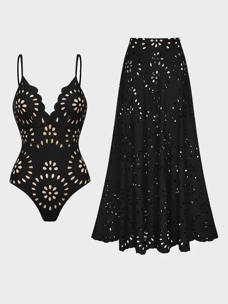 Women’s Black Laser-Cut One-Piece Swimsuit
