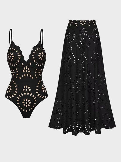 Women’s Black Laser-Cut One-Piece Swimsuit