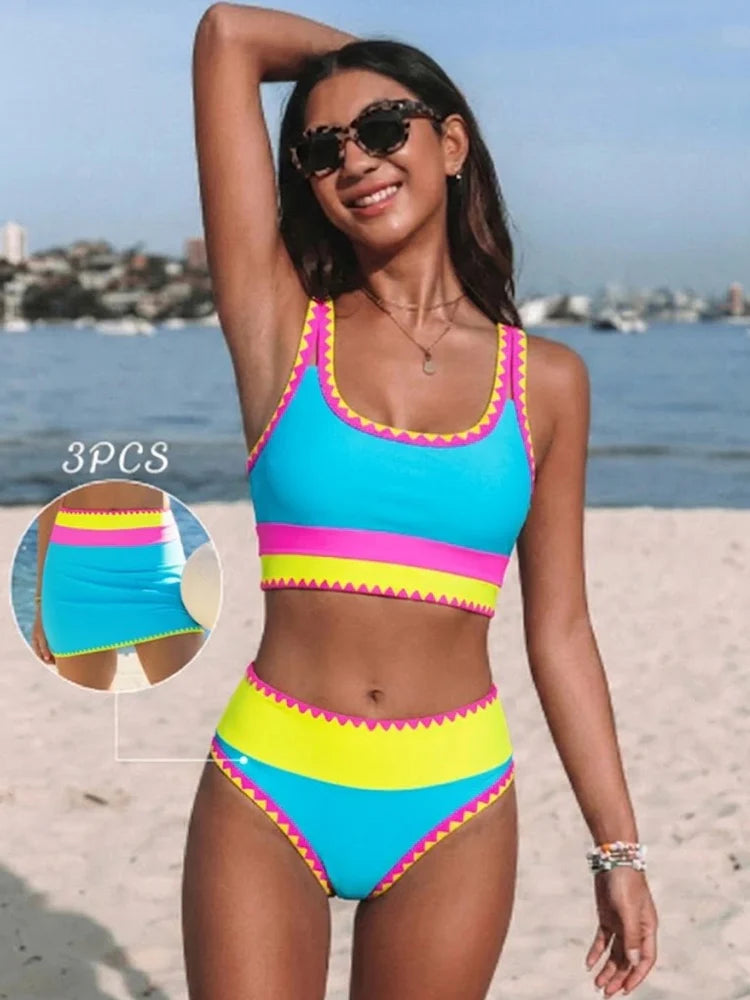 Sporty Colorblock 3-Piece Bikini Set