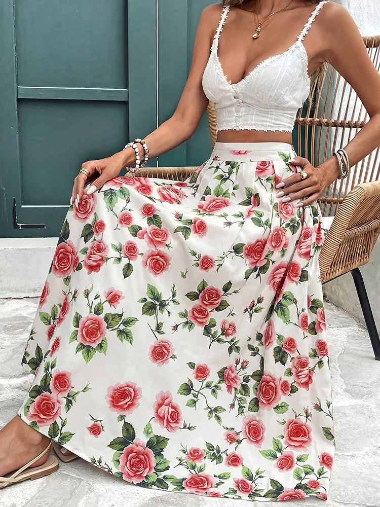 Women's Pleated Skirt Chiffon Elastic Waist A-Line Midi Length Skirt